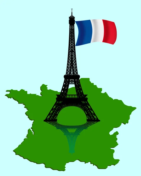 A Torre Eiffel com um mapa e bandeira da França —  Vetores de Stock