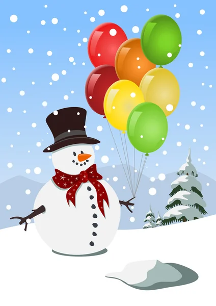 Glad snögubbe anläggning färgglada ballonger — Stock vektor