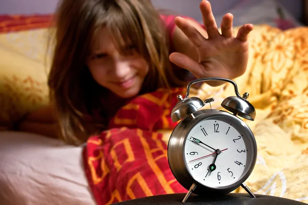Room clock bed lazy sleep wake alert — Stock Photo, Image