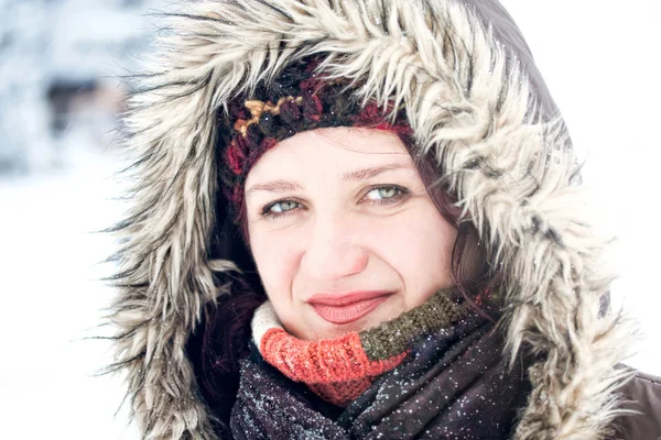 stock image Cold winter snow outdoor portrait of woman