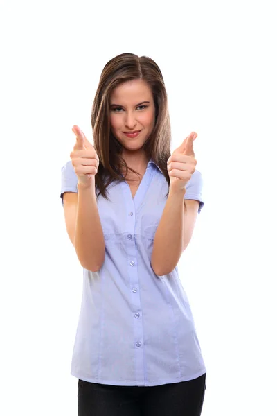 Funny brunette woman with thumbs up — Stock Photo, Image