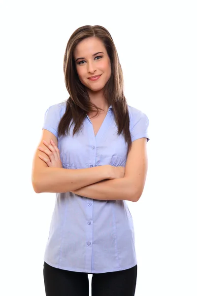 Happy young brunette woman looking to the camera — Stock Photo, Image