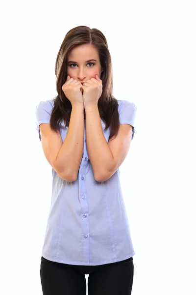 Young brunette woman shocked — Stock Photo, Image