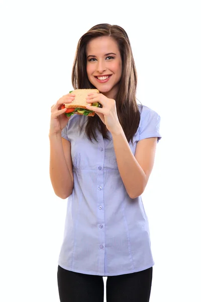 Ευτυχισμένη γυναίκα, κρατώντας ένα σάντουιτς — Φωτογραφία Αρχείου