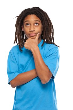 Rasta kid thinking in studio clipart