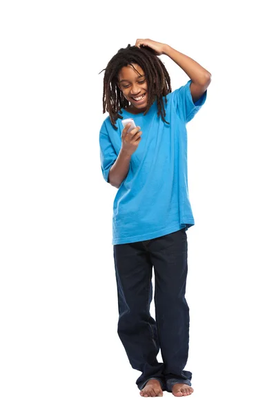 Funny rasta boy playing with cellphone — Stock Photo, Image