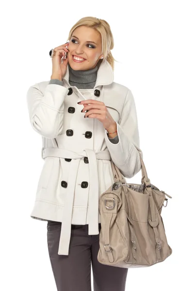 Mujer rubia feliz haciendo una llamada — Foto de Stock