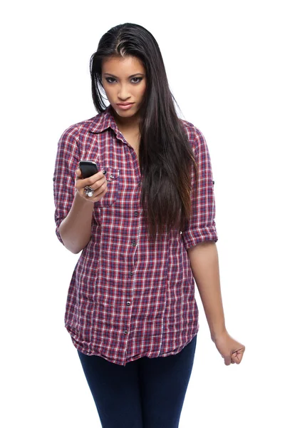 Angry asian woman with phone in studio — Stock Photo, Image