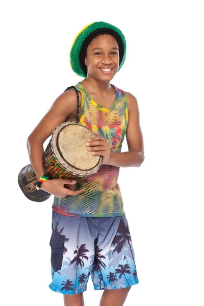 Happy rasta boy with hand made drum — Stock Photo, Image