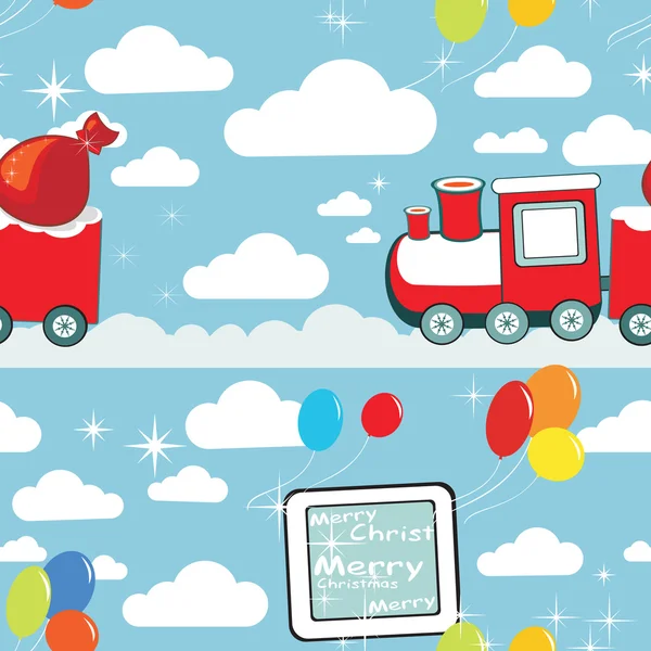 Vzor červené kreslený vlaku s dary a balóny, Vánoční pozadí. — Stockový vektor