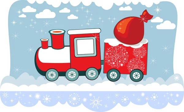 Nouvel An train de Noël d'hiver avec flocons de neige et sac, carte vectorielle . — Image vectorielle