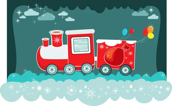 Cartoon röd jul tåg med nuvarande väskor och ballonger, vektor bak — Stock vektor