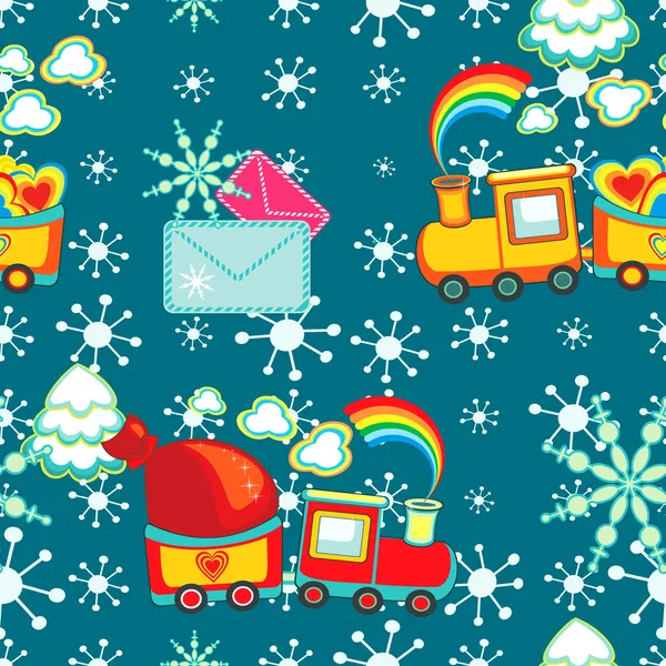 Christmas happy pattern of cartoon train with gifts, vector. — Stock Vector