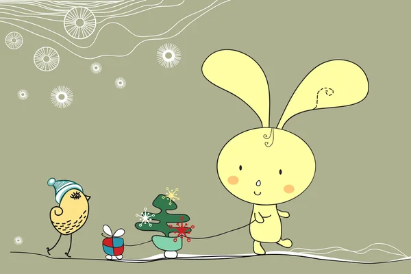 Carte de Noël des fêtes avec lapin et oiseau heureux, vecteur — Image vectorielle