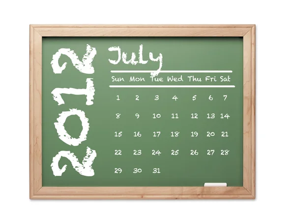 2012 年 7 月日历绿色黑板上 — 图库照片