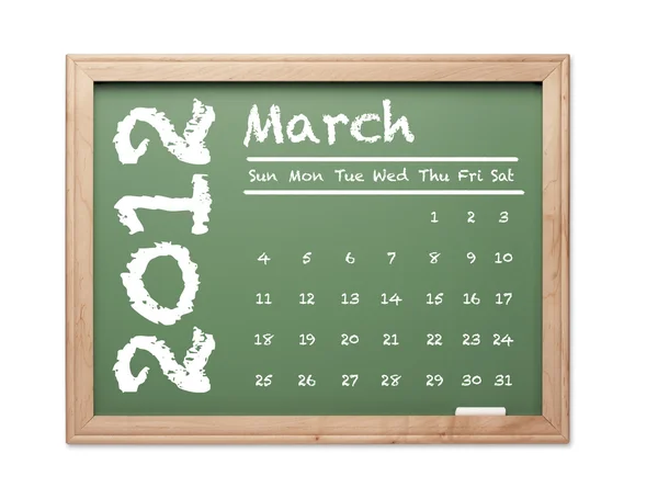 Μαρτίου 2012 ημερολόγιο στο πράσινο πίνακα κιμωλίας — Φωτογραφία Αρχείου