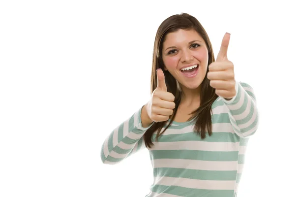 Excited Ethnic Female with Thumbs Up on White — Stock Photo, Image