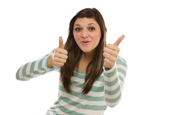Excited Ethnic Female with Thumbs Up on White — Stock Photo, Image
