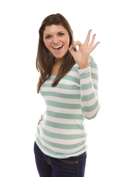 Усміхнена етнічна жінка з знаком руки на білому — стокове фото