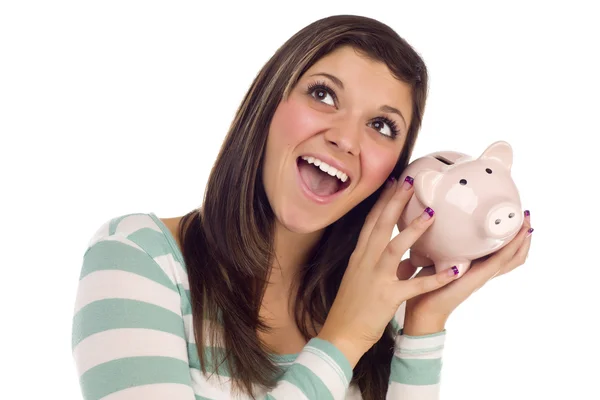 Ethnic Female Daydreaming and Holding Pink Piggy Bank — Stock Photo, Image