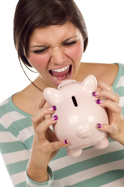 Etnia feminina gritando em Piggy Bank em branco — Fotografia de Stock