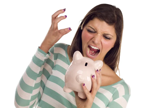 Этническая феминистка кричит в банке свиней на белом — стоковое фото