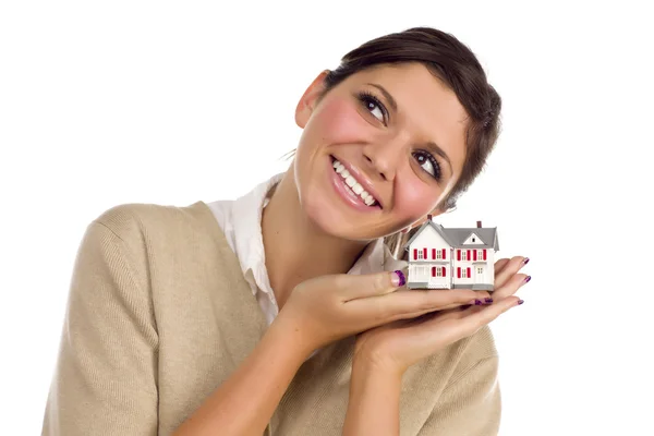 Ethnic Female Daydreaming with Small House on White — Stock Photo, Image