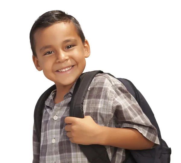 Heureux jeune garçon hispanique prêt pour l'école sur blanc — Photo