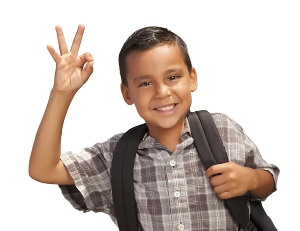 Счастливый мальчик испаноязычное готовы к школе на белом — стоковое фото