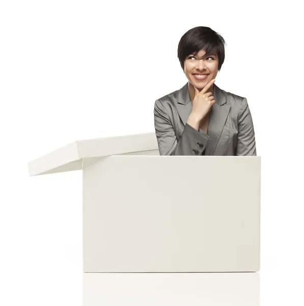 Ethnic Female Popping Out and Thinking Outside The Box — Stock Photo, Image