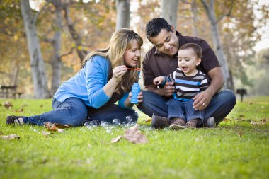 Happy Mixed Race Ethnic Family Playing with Bubbles In The Park clipart