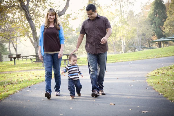 Happy Mixed Race Ethnic Family Walking In The Park — Stok fotoğraf