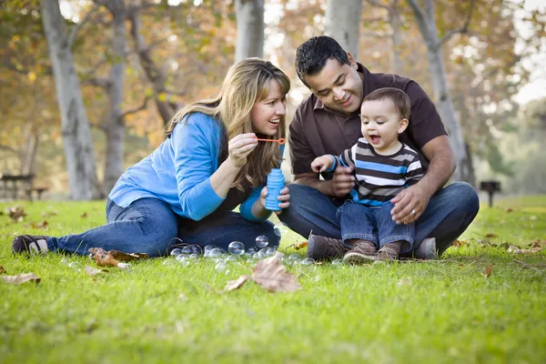 Familia étnica de raza mixta feliz jugando con burbujas en el parque — Foto de Stock