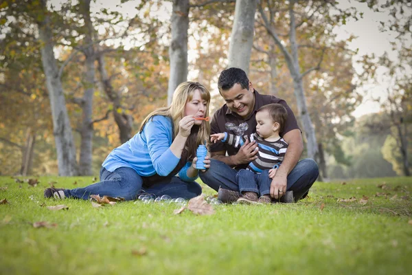 Happy Mixed Race Ethnic Family Playing with Bubbles In The Park — Stockfoto