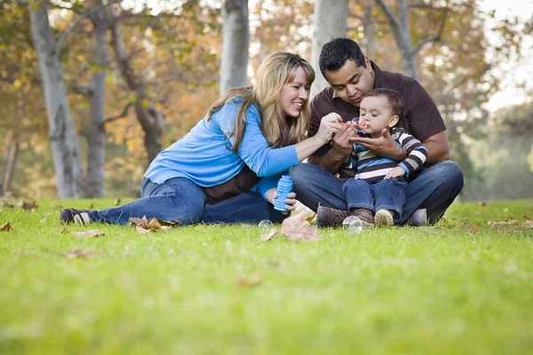 Familia étnica de raza mixta feliz jugando con burbujas en el parque —  Fotos de Stock