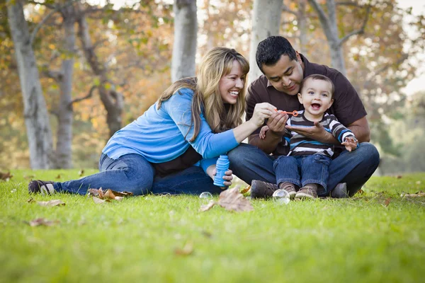 Szczęśliwy mieszanej rasy etniczne rodziny gry z bąbelkami w parku — Zdjęcie stockowe
