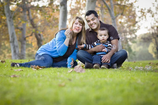 Happy Mixed Race Ethnic Family Playing with Bubbles In The Park Stock Photo