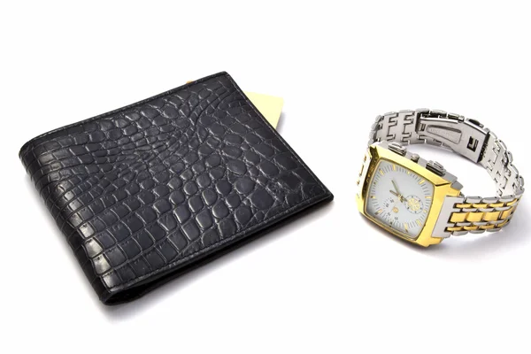 Černou peněženku a hodinky — Stock fotografie