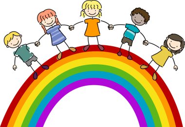 Kids Standing on Top of a Rainbow clipart