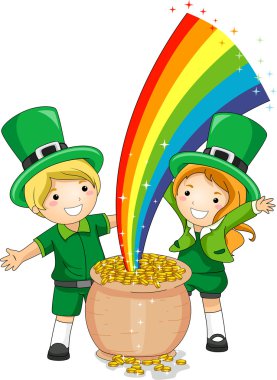 Kids Standing in Front of a Pot of Gold clipart