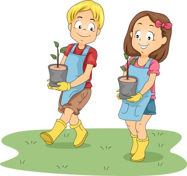 Kids Carrying Seedlings clipart