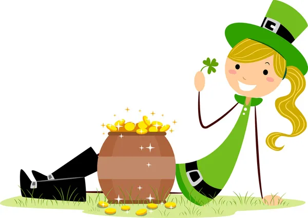 Girl Sitting Beside a Pot of Gold — Stock Photo, Image