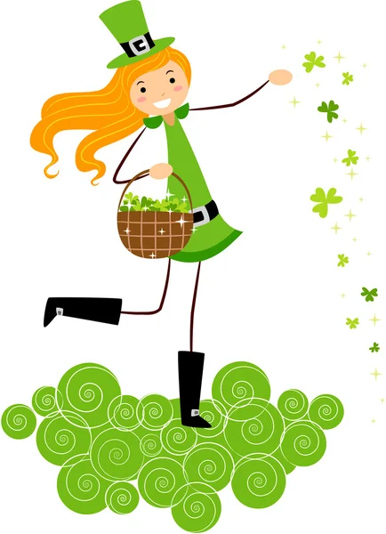 Girl Scattering Clovers — Stock Photo, Image