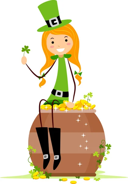 Girl Sitting on a Pot of Gold — Stock Photo, Image