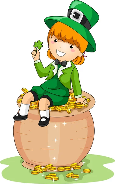 Girl Sitting on a Pot of Gold — Stock Photo, Image