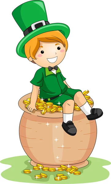 Boy Sitting on a Pot of Gold — Stock Photo, Image