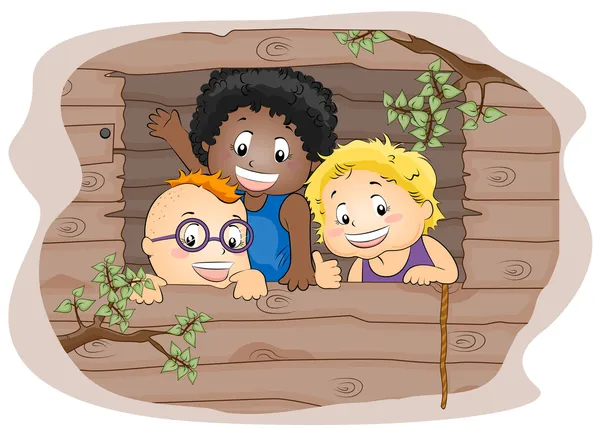 A gyerekek egy fa házban — Stock Fotó