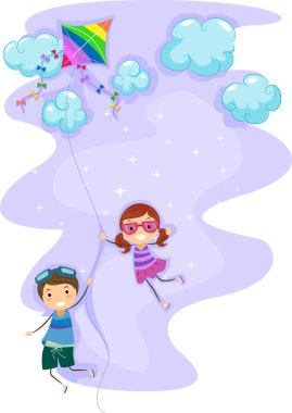 Kids Hanging Unto a Kite clipart