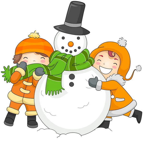Crianças brincando com um boneco de neve — Fotografia de Stock
