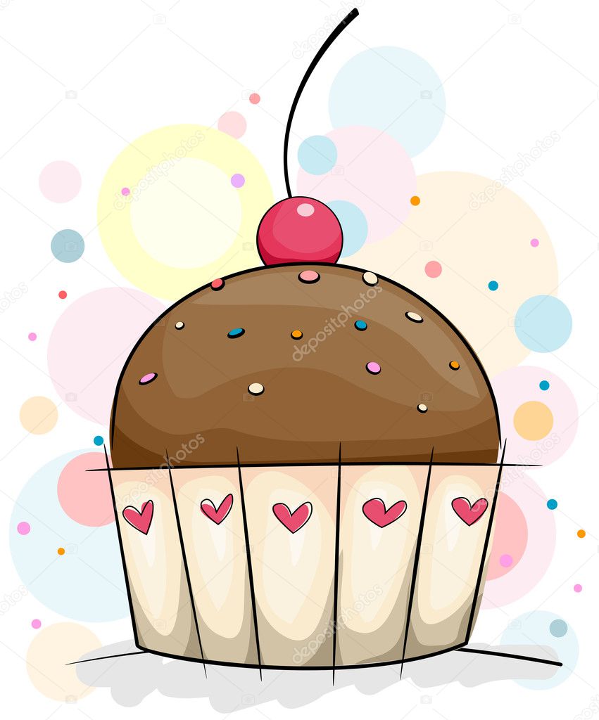Um bolo de chocolate de desenho animado com um morango no topo.